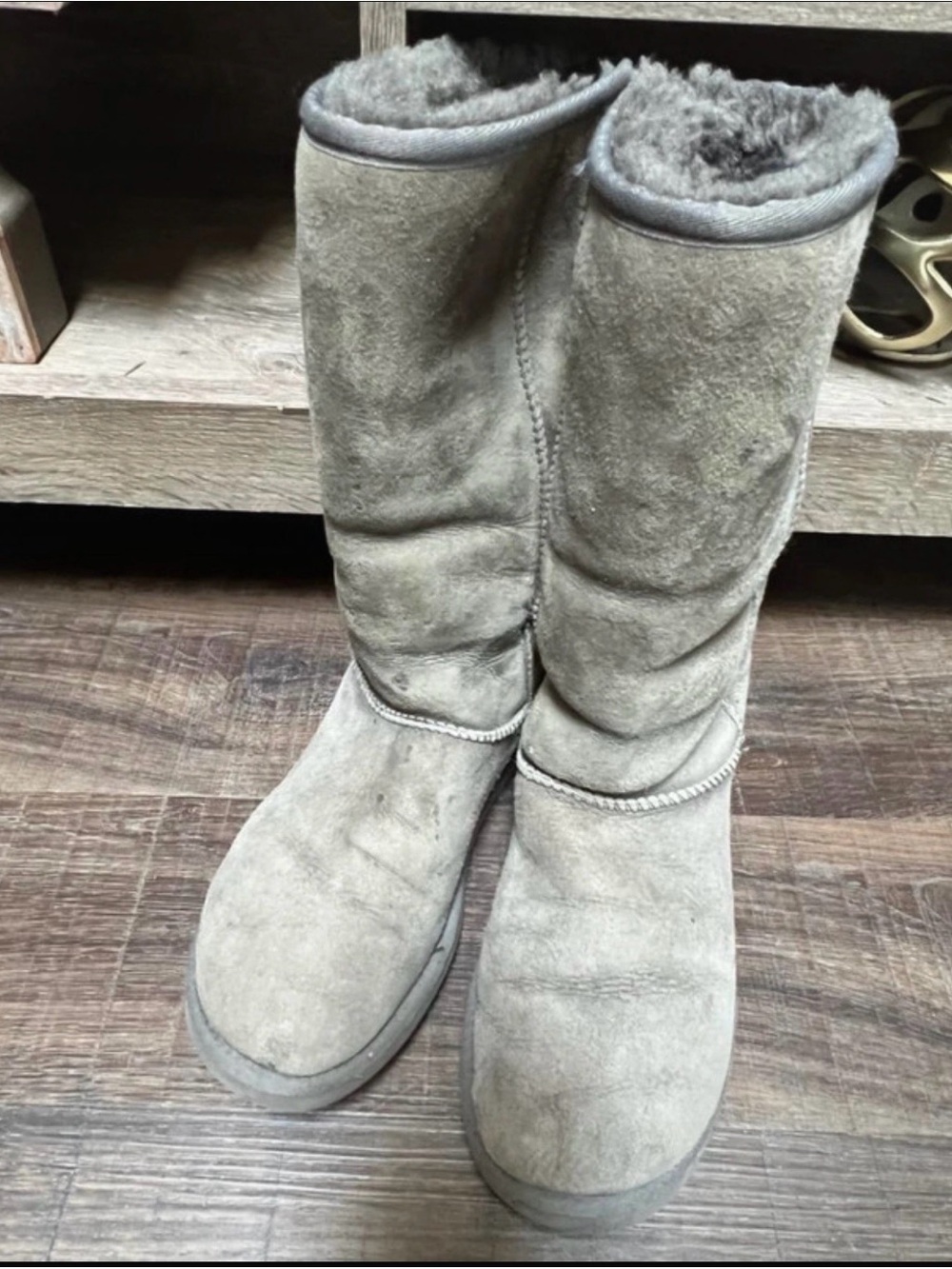 UGG Tall Grey Suede Shearling-Lined Boots